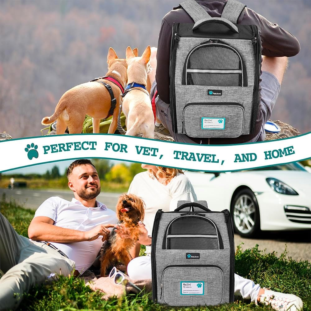 Dog Backpack Carrier for Small Medium Dogs Large Cats up to 18 Lbs, 2 Side Entry, Structured No-Collapse Frame, Airline Approved Ventilated Pet Backpack for Hiking Camping Travel, Grey