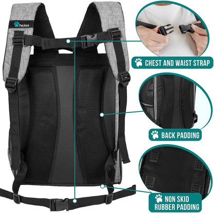 Dog Backpack Carrier for Small Medium Dogs Large Cats up to 18 Lbs, 2 Side Entry, Structured No-Collapse Frame, Airline Approved Ventilated Pet Backpack for Hiking Camping Travel, Grey