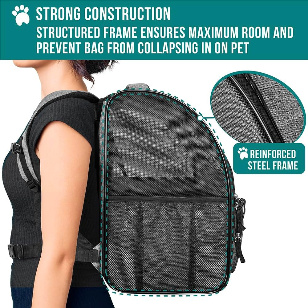 Dog Backpack Carrier for Small Medium Dogs Large Cats up to 18 Lbs, 2 Side Entry, Structured No-Collapse Frame, Airline Approved Ventilated Pet Backpack for Hiking Camping Travel, Grey