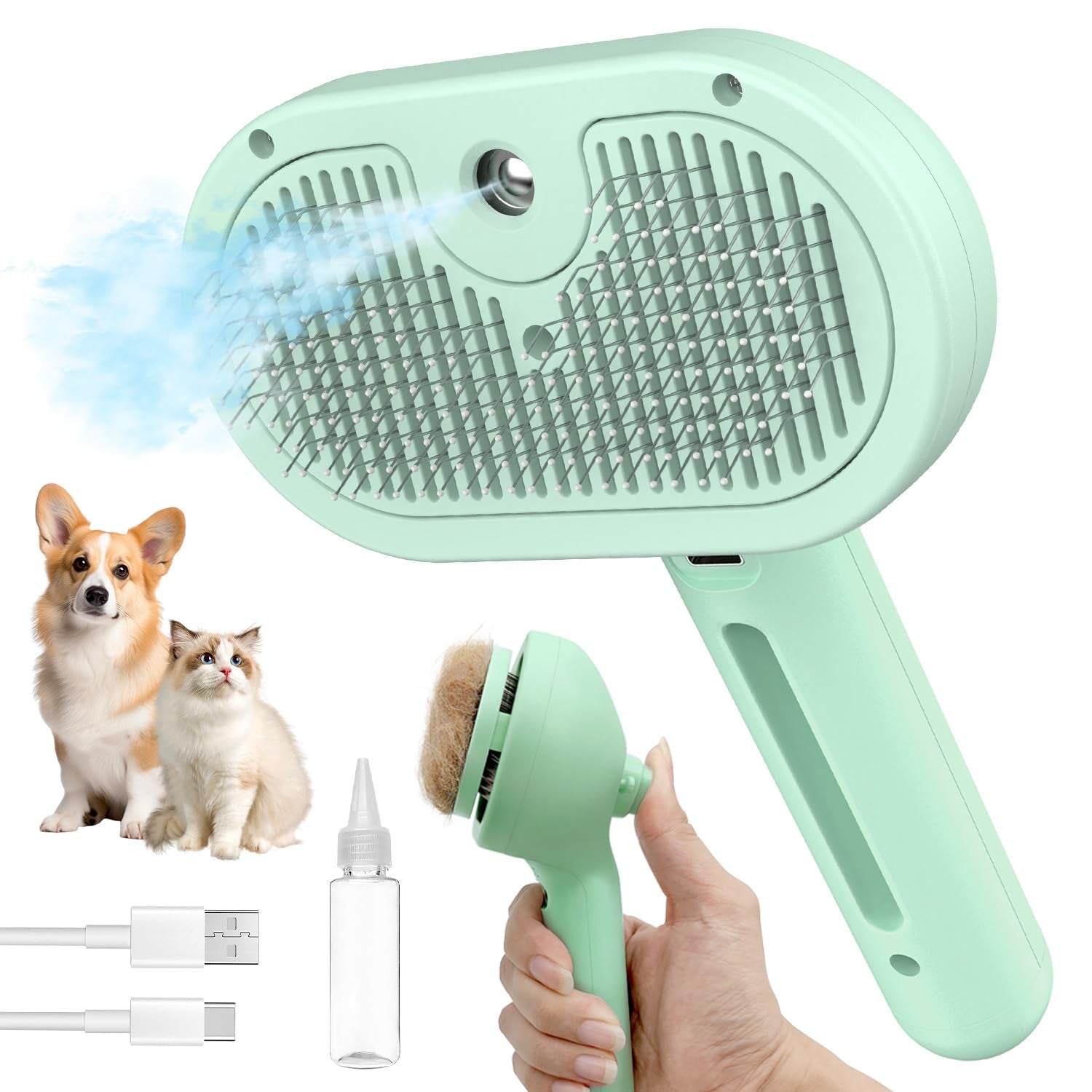 Steam Pet Brush for Shedding, 3 in 1 Self Cleaning Anti-Static Steamy Hair Brush, Reduces Loose Hair and Shedding for Long and Short Hair Pets Grooming, Green