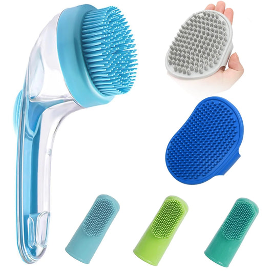Pet Grooming Bath Massage Brush with Soap and Shampoo Dispenser Soft Silicone Bristle for Long Short Haired Dogs Cats Shower