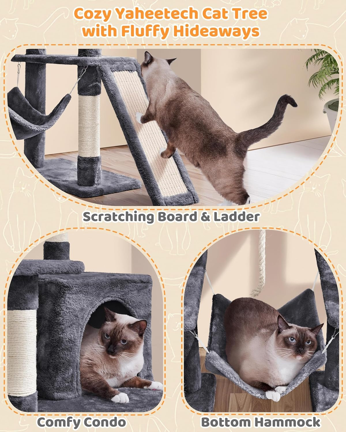 63In Large Cat Tree for Heavy Cats up to 22Lbs, Anti-Wobble Tower with Condo & Hammock, Space-Saving for Indoor Multi-Pet Households, Stops Furniture Scratching