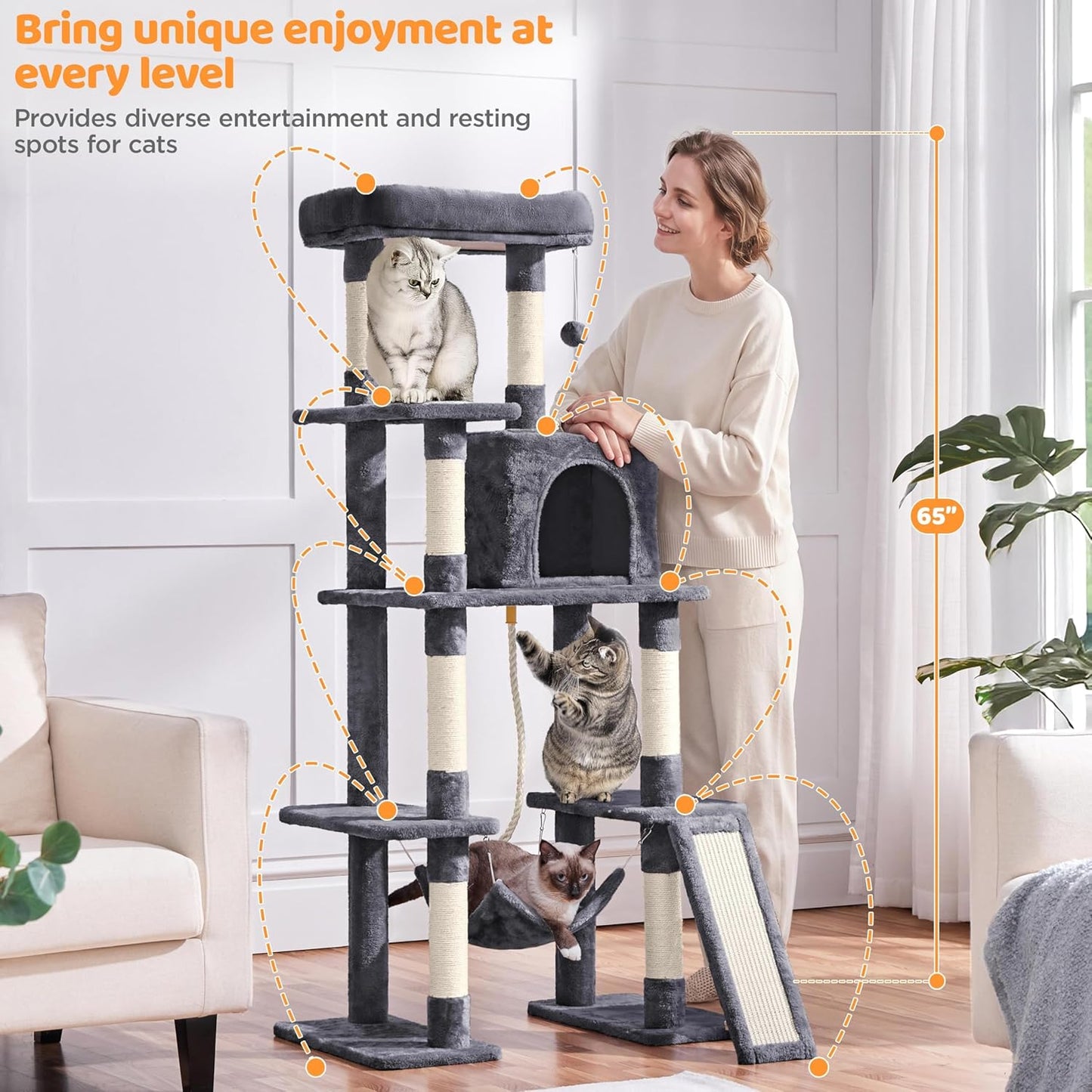 63In Large Cat Tree for Heavy Cats up to 22Lbs, Anti-Wobble Tower with Condo & Hammock, Space-Saving for Indoor Multi-Pet Households, Stops Furniture Scratching
